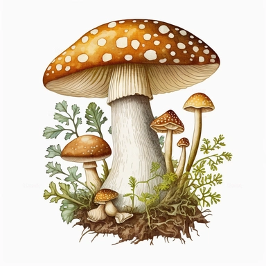 woodland mushroom, archive illustration, cute, white background, clipart