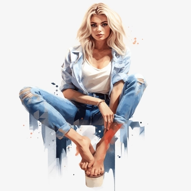 glamour model posing, blonde hair ripped jeans, full length, watercolour style 8k clipart png transparent