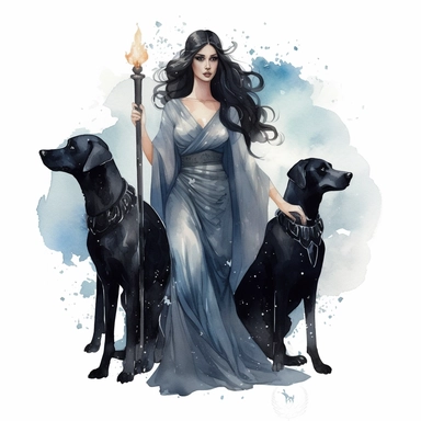 Ancient Greek gothic style beautiful impressive three Mythologic dark goddess with black dogs at the midnight with watercolor effect,suitable for digital clipart,white background,Magical scene,many dark twinkles,Dark colors,Unrealistic scene,ancient greek