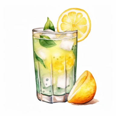 watercolour, lemon cocktail, soft and muted pastel nuances, clip art, high quality details, white background, 8k, f1