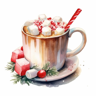 christmas themed coffee mug with foam and white marshmallows on the top, watercolor clipart, attention to detail