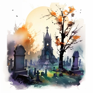 watercolor illustration of cemetery and graveyard full of leaves., in the style of sketchfab, anatoly metlan, ismail inceoglu, john lowrie morrison, chiaroscuro portraitures, gothic references, watercolor illustrations, , isolated white background, clipart,