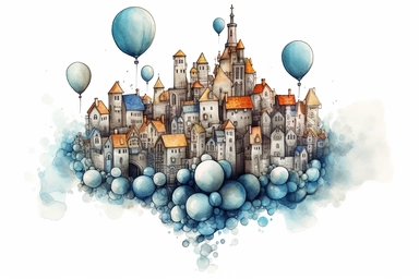 Watercolor, Design an underwater city with balloons acting as air pockets for residents. clipart, hd, on a white background, spaced out