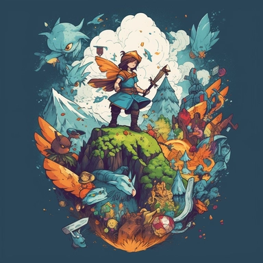 tshirt graphic with a white background depicting a vibrant, pixelated landscape with mountains, trees, and a bright blue sky. In the center, a confident young adventurer stands, wearing a cool outfit and wielding a powerful weapon. Surrounding the main character are other popular video game characters, each with dynamic poses and distinct personalities, including an agile anthropomorphic animal, a wise wizard, and a futuristic robot. The characters are depicted with eye-catching colors and humor