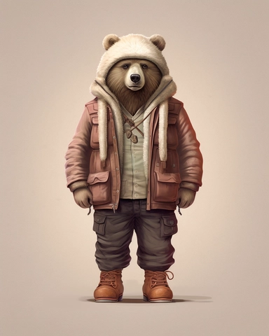 brown bear in a white tracksuit ,wearing a hat,full body shot,with jean jacket,brown pans,boots,scarf,contrasting colors,style of Anna Süßbauer and Jon Klassen,vector, realistic hyper-detail, in the style of victorian-inspired illustrations,realistic shading, pictorial fabrics, contest winner, organic designs, on a plain white background, clipart, masterpiece, trending on Artstation and Dribbble.