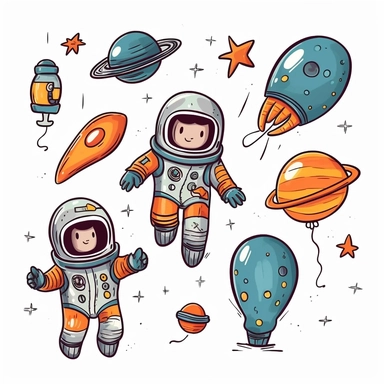 cute floating astronauts cliparts in hand drawn vector illustration on white background.