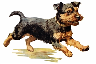 Vintage 1920 Terrier Dog in a running pose Clipart Illustration, Chromolithograph, 1920s Illustration, Vintage, Chromolithograph, Colorful, Antique, Ephemera, Clipart, 8k, Isolated on white