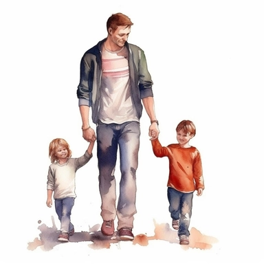 Watercolor Clipart, a man holding hands with two children, watercolor cartoon, white background, computer art, digital illustration, detailed painting, realistic, high quality