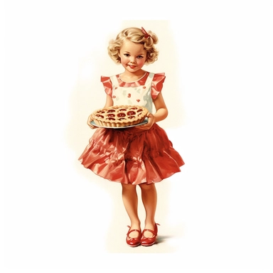 vintage clipart whimsical adorable little girl with cherry pie, full body, clipart style, accurate details, oil painting technique, super high quality, professional watercolor clipart, high resolution