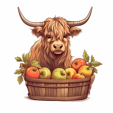 Highland cow with a basket of freshly-picked apples, full body, clip art, detailed, cute, bold, bright, colorful, vector art, clean, neat, white background