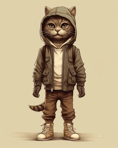 cat in a tracksuit ,wearing a hat,full body shot,with jean jacket,brown pans,boots,scarf,contrasting colors,style of Anna Süßbauer and Jon Klassen,vector, realistic hyper-detail, in the style of victorian-inspired illustrations,realistic shading, pictorial fabrics, contest winner, organic designs, on a plain white background, clipart, masterpiece, trending on Artstation and Dribbble.