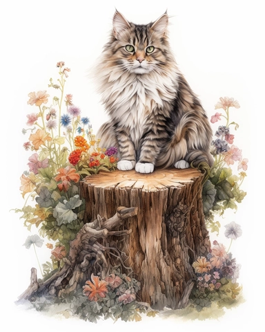 Watercolor Painting of Norwegian Forest cat sitting on stump surrounded by wild Texas Flowers, on white background good anatomy, DETAILED ILLUSTRATION, Flemish Baroque, Rococo, white background, Intricate Detailed, Soft Light Effect, Oil Paint Strokes, Light Academia Aesthetic Flowers, Lighting cinematic, all shown shimmering stamens, tyndall light, texture, colorful, 8k, fantasy, ray tracing, vivid, spectacular lighting, octane rendering, highly detailed, ultra - realistic, white background, cl