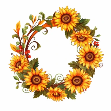 Cartoon, clipart, a laurel wreath, with sunflowers in the wreath