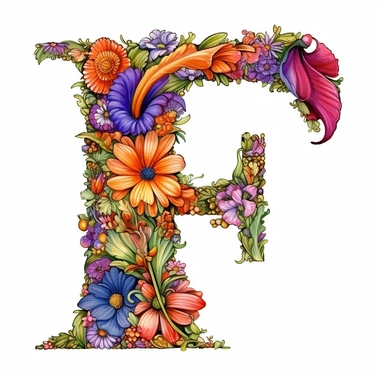 A digital illustration of the flower alphabet clipart for the letter F, featuring a vibrant and whimsical style reminiscent of the works of Beatrix Potter. The letter F is creatively formed by a variety of colorful and intricate flowers, each with its own unique shape and petal arrangement. Against a clean white background, the floral A stands out prominently, exuding a sense of elegance and natural beauty. Soft, diffused lighting ensures that every detail of the flowers is showcased with clarit