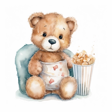 Cute baby teddy bear girl sitting enjoying movie night with popcorn watercolor Clipart