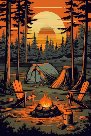 camping scene with campfire, chairs, and tent in the woods during the summer months. vector clip art illustration, detailed, rustic