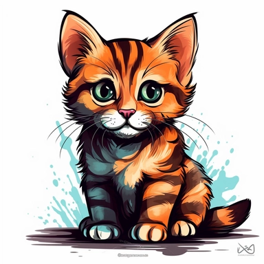 An adorable clipart design of a cute kitten with a cool and charismatic personality. The kitten is illustrated with a confident and strong appearance, showcasing its impressive physical attributes. The style of the artwork is cute and playful, with bold and vibrant colors that pop against the white background. The contour lines add depth and dimension to the image, making it a standout clipart design