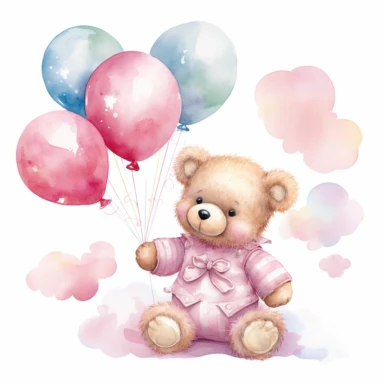 clipart, a whimsical illustration of a contented, loving and angelic baby teddy bear, wearing pajamas and pajamas hat, holding balloons, surrendered by pink fluffy clouds, Use a smooth and light watercolor technique to give the artwork a dreamy and ethereal quality