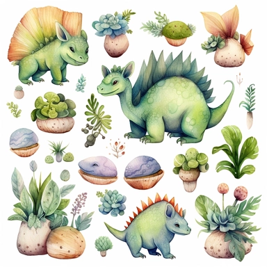 watercolor cute little and big dino Triceratops, Diplodocus, Pteradactyl, Dragon, Stegosaurus characters, herbivorous and predatory reptiles characters, green leaves and branches, dino eggs, palm, volcano and stones, alphabet letters and numbers illustration clipart