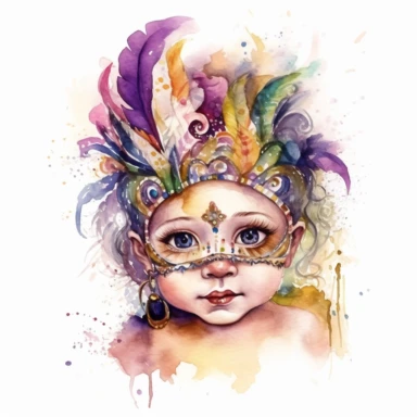 cute baby girl wearring carnival mask, mardi gras, kaluta art style pen and ink watercolor clipart,isolated on white background