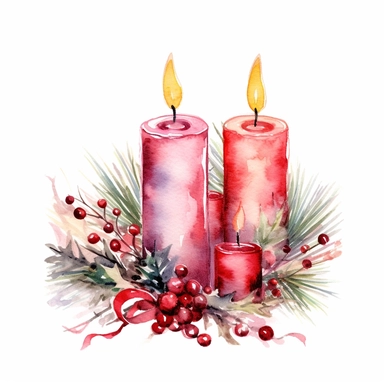 watercolor Christmas round wreath adorned with christmas candles clipart, vibrant colors, add glitter, on a white background
