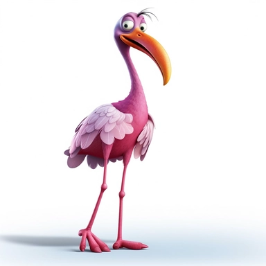 clipart of a crazy pink flamingo, there is a funny face on it, long skinny legs, cartoon, for kids, funny, pixar, 8k, white background, sharp focus, detailed,