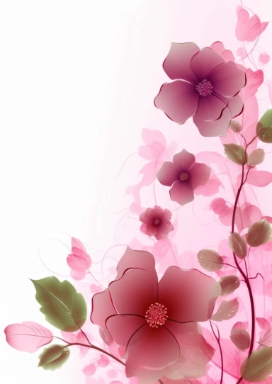 pink flowers clipart, flower borders, clip art with flowers, in the style of layered translucency, use of paper, romanticized views, innovative page design, stockphoto, light maroon and green, romantic scenery