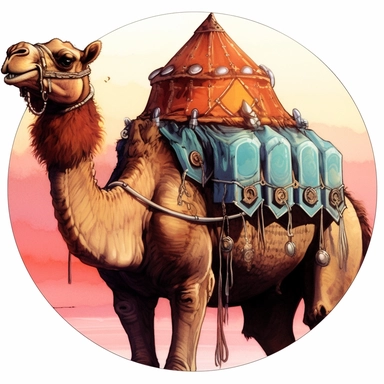 Akira Kurosawa's photograph of a camel with tent saddle, Josh Kirby Mad Max Lord of the Rings, enamel punk zine indie retrowave, clipart illustration, circular solid background circular border