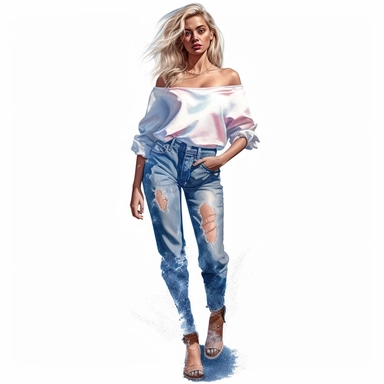 glamour model posing, blonde hair ripped jeans, full length, watercolour style 8k clipart png transparent ultra realism