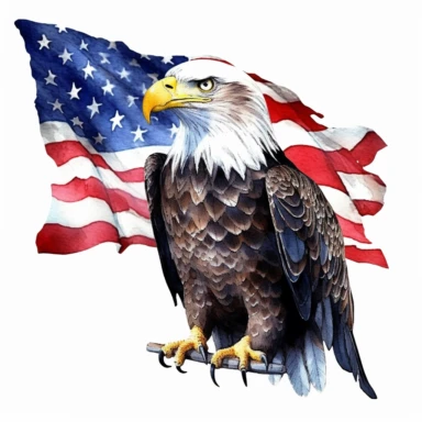 happy 4th of july, single unique image of eagle and flag, clipart, watercolor, white background,
