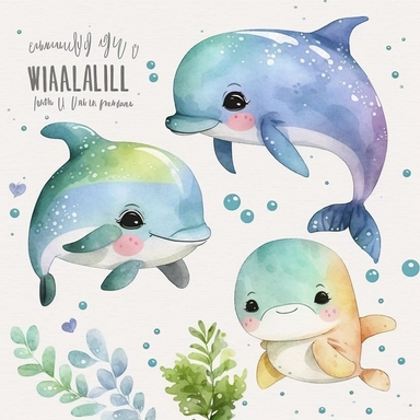Cute Baby Dolphin Watercolor Clipart Set Kawaii Dolphin Adorable Baby Fish