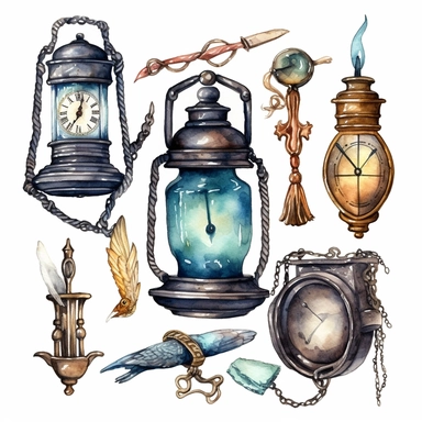 Watercolor illustrations: vintage lantern, lock and keys, watch and compass, feather pen, inkwell and chains. isolated. Hand drawn illustrations. Clip art