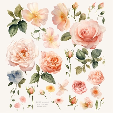 Create an exquisite and ultra-detailed collection of Blush and Rose Watercolor Clipart, showcasing the timeless beauty of roses in delicate blush tones. Each clipart element should be meticulously painted, capturing the intricate details and softness of the rose petals. Incorporate a variety of rose varieties, including tea roses, garden roses, and other elegant blooms, all adorned with enchanting blush hues. Design the clipart with a focus on wedding themes, allowing for seamless integration in