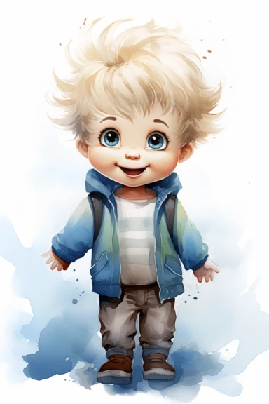 Watercolor clipart, A super cute happy blonde baby boy waving cartoon characters, adorable, feeling happy on intense white background, simple watercolors