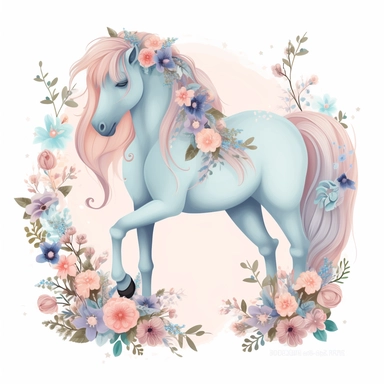 A horse clipart design for girls with a soft and girly color palette of pastel colors like pink, purple and blue to create a dreamy atmosphere. The horse itself is majestic and has a long flowing tail and mane that move in the wind. Flowers and butterflies surround the horse and give the design a romantic touch