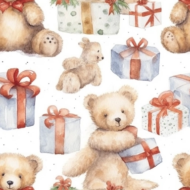 Seamless pattern, Watercolor realistic clipart, christmas teddy
