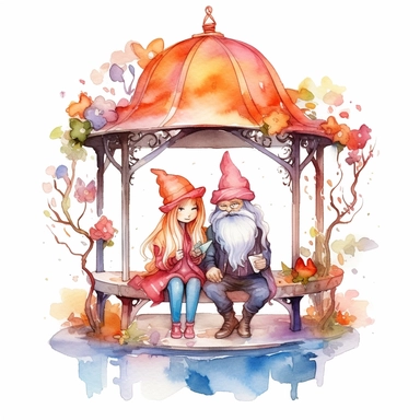 Watercolor magical gnome couple sitting in a gazebo watercolor clipart on white background, vivid colors, enchanting scene clipart on a white background in the style of feminine sticker art, Tanya Shatseva, storybook illustration, red, white and caramel tones, Georgia O'Keeffe, colored line art, colored outlines, cottagecore design, watercolor on white background, crisp tones, sticker outline, colored line art, colored outlines, iridescent ombre, gradient shading, pure tone, vibrant digital art 