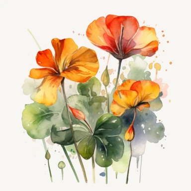 watercolor illustration of Nasturtiums flowers, watercolor clipart, watercolor splashes, spring boho vibes, 4k uhd, realistic floral portrait, white background