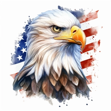 Patriot Eagle American Flag For 4th Of July Watercolor Sublimation Clipart, Cartoon, hyper realistic, intricate detail, illustration style, high solution, on the white background, no watermark