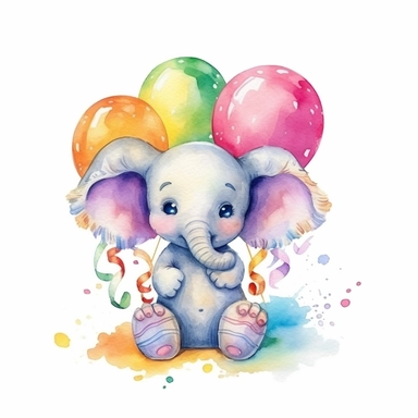 small and cute baby elephant holding colorful one party balloons with his trunk Clipart, highly detailed, watercolor, white background 8k, bright colours, one object at picture