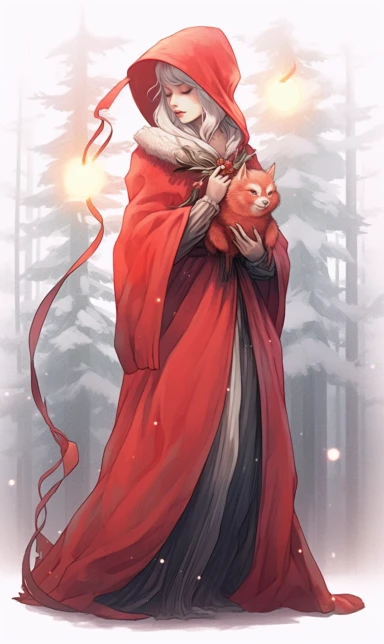 light watercolor pencil sketch, bright, clipart on white background, dreamy, Studio Ghibli, Woman playing with cardinal birds. Christmas color palette. Gorgeous woman with Christmas inspired ball gown holding a wooden Christmas staff. Long velvet cape with fur on the hood.