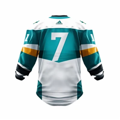 white and teal colour ice hockey jersey from behind, white background, clipart style