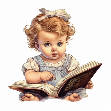 Cute Beautiful Vintage Baby Girl Reading Book Sublimation Clipart,hyper realistic, intricate detail, illustration style,high solution,on the white background