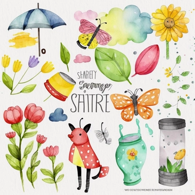Please create a series of watercolor clipart illustrations featuring different items related to spring. Each illustration should be drawn in a charming and playful style that captures the beauty and vibrancy of the season. Items to include can be flowers, butterflies, birds, bees, rain boots, and umbrellas. Please use a coherent color palette that is bright and cheerful, but also soothing and calming. Colors that are associated with spring, such as greens, blues, pinks, and yellows, should be us