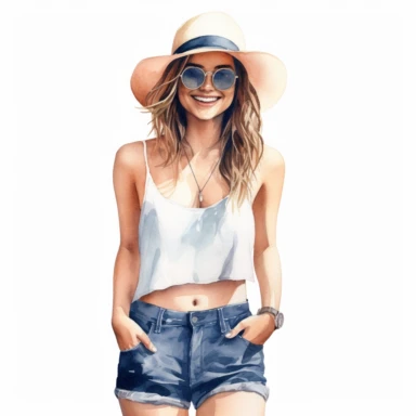 Solid white background, Detailed watercolor woman smiling, wearing a jeans hot pants, a tank top, sunglasses and a beach hat clipart