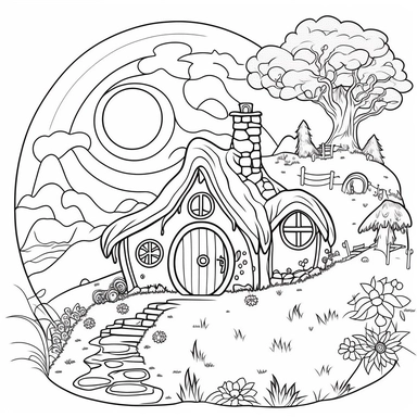 Coloring book page for kids, a hobbit house in a hill, clipart, cartoon kids style hand drawn line art, black and white