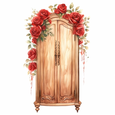 watercolor, white background, clipart, watercolor, white background, ultra-realistic and hyper-detailed clipart beautiful cozy wooden wardrobe surrounded by red roses, red and rich gold hues