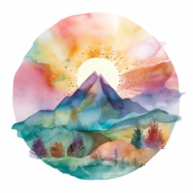 watercolor image of a sun rising over a mountain, symbolizing new beginnings and resilience., clipart, white background, purples, pinks, turquoise, greens, golds,