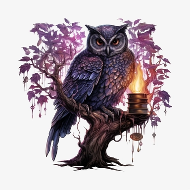 Watercolour dark fantasy black royal gothic deadly nightshade tree stood with dark magic books with deadly nightshade lanterns magnificent gothic owl stood on tree with mesmerising compelling features perfect magnificent detailed wings beautiful compelling realistic eyes PNG image ultra highly detailed, 18k, sharp focus, bright photo with rich colours digitally enhanced, enhanced graphics, straight, sharp focus, bright lighting, intricate detailed png image ,high definition,300dpi,graphic clipar