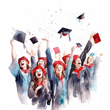 watercolor style, Graduation hat toss: Clipart showing a group of graduates throwing their caps in the air, celebrating the completion of their studies. clearly visible faces of participants. clipart, isolated on white background, 4K